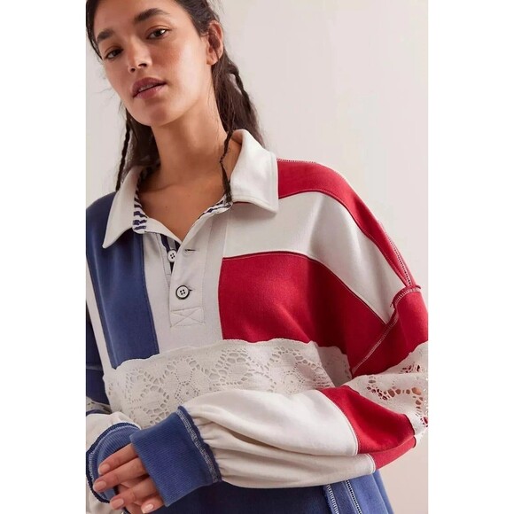 Free People We The Free American Dream Polo Pullover Top Striped XL NEW 284068 - Picture 2 of 8